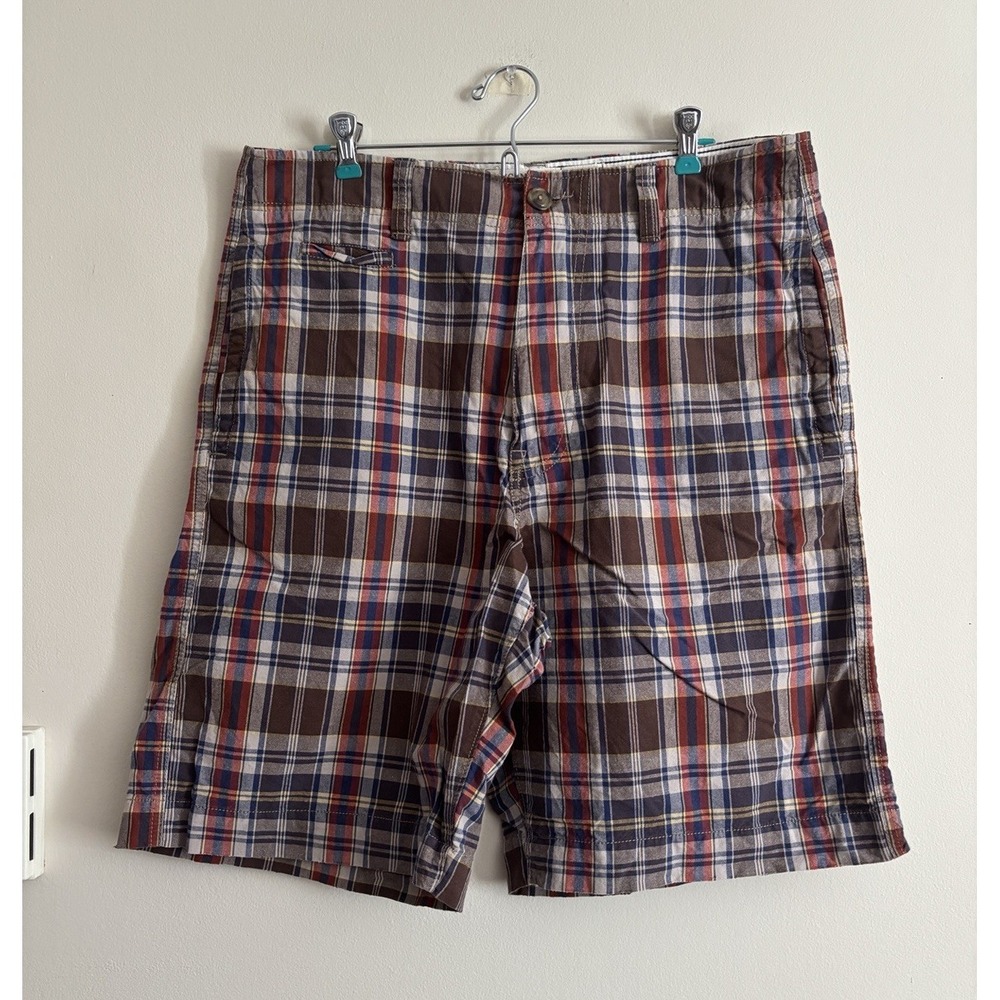 American Eagle Mens 34 Cargo Shorts Madras Plaid Y2K Brown Orange Preppy 00s